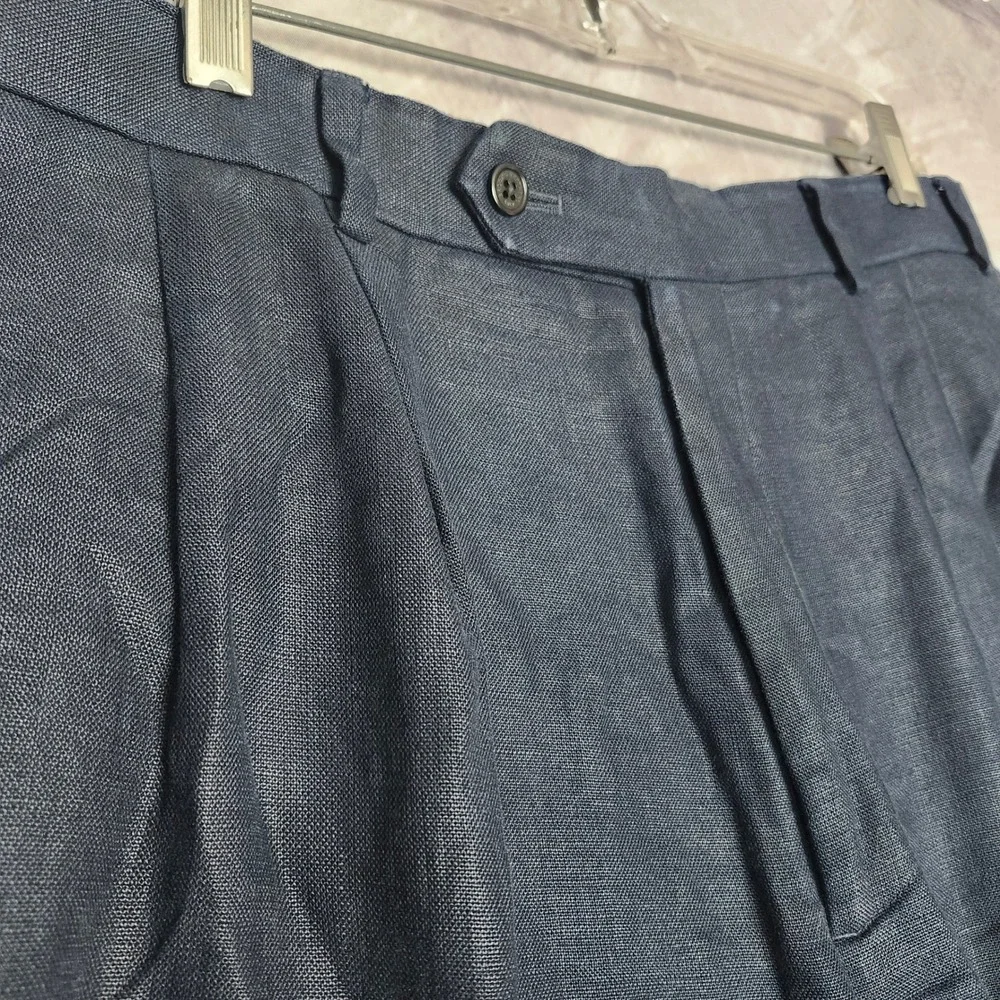 Brooks Brothers 100% Irish Linen Pleated Cuff High Waist Pants 35x30 Navy Blue